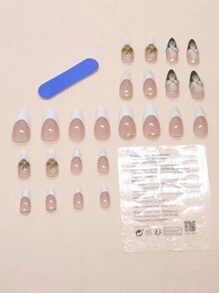 Bộ 24 miếng dán móng giả hình hoa trà màu trắng xanh, dáng dài vừa phải, thiết kế ba chiều, đính hạt vàng nhỏ, rất đa năng và tinh tế, phù hợp cho các bạn nữ sử dụng làm móng. - Nhiều màu - Xem 2
