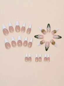 Bộ 24 miếng dán móng giả hình hoa trà màu trắng xanh, dáng dài vừa phải, thiết kế ba chiều, đính hạt vàng nhỏ, rất đa năng và tinh tế, phù hợp cho các bạn nữ sử dụng làm móng. - Nhiều màu - Xem 3