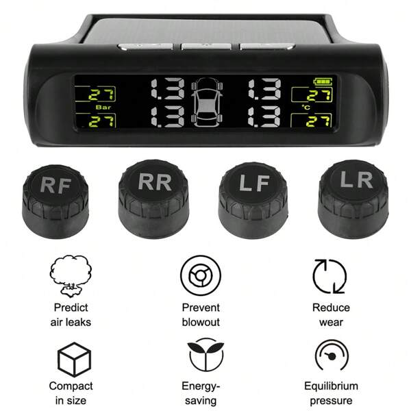 Sistema de monitoreo de presión de neumáticos para automóvil universal TPMS de 0-6 bares con alarma de seguridad para el auto, monitor de temperatura de neumáticos, carga USB/solar