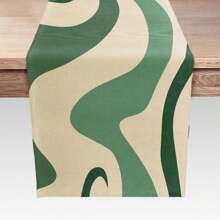 Vintage Minimalist Abstract Wave Swirl Table Cloth, Green & Beige, Suitable For Dining Table, Vanity Table, Runner, Farmhouse Style For Dinner Party, Holiday Home Decor