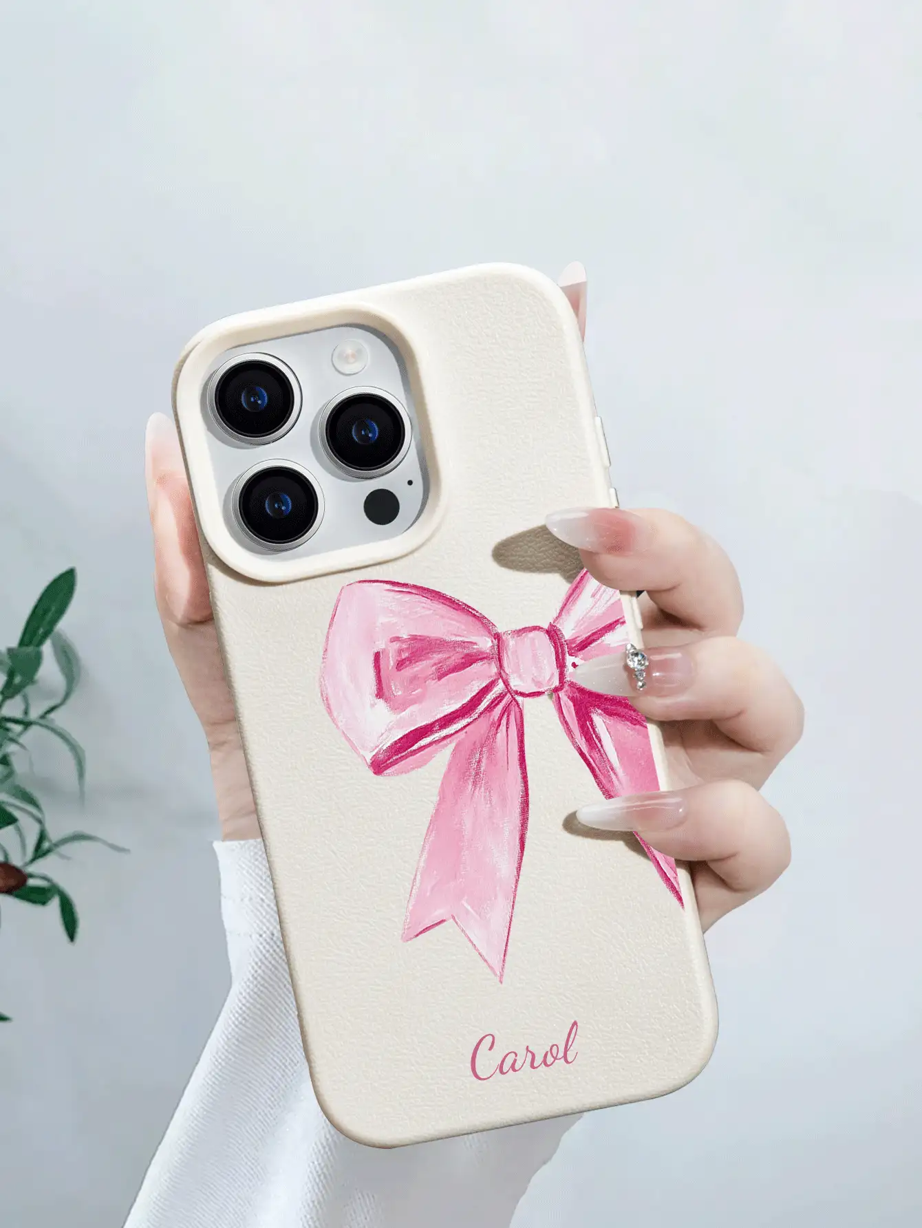 1件個性化客製化家庭情侶好友寵物姓名粉色蝴蝶結防摔復古白色人造皮革紋理手機殼,適用於 11、 12、 13、 14、 15、 16/16 Pro/16 Plus/16 Pro Max/16e/17/17 Air/17 Pro/17 Pro Max及其他機型,適合送給朋友、閨蜜、女友作為禮物 - 白色 - 查看 4