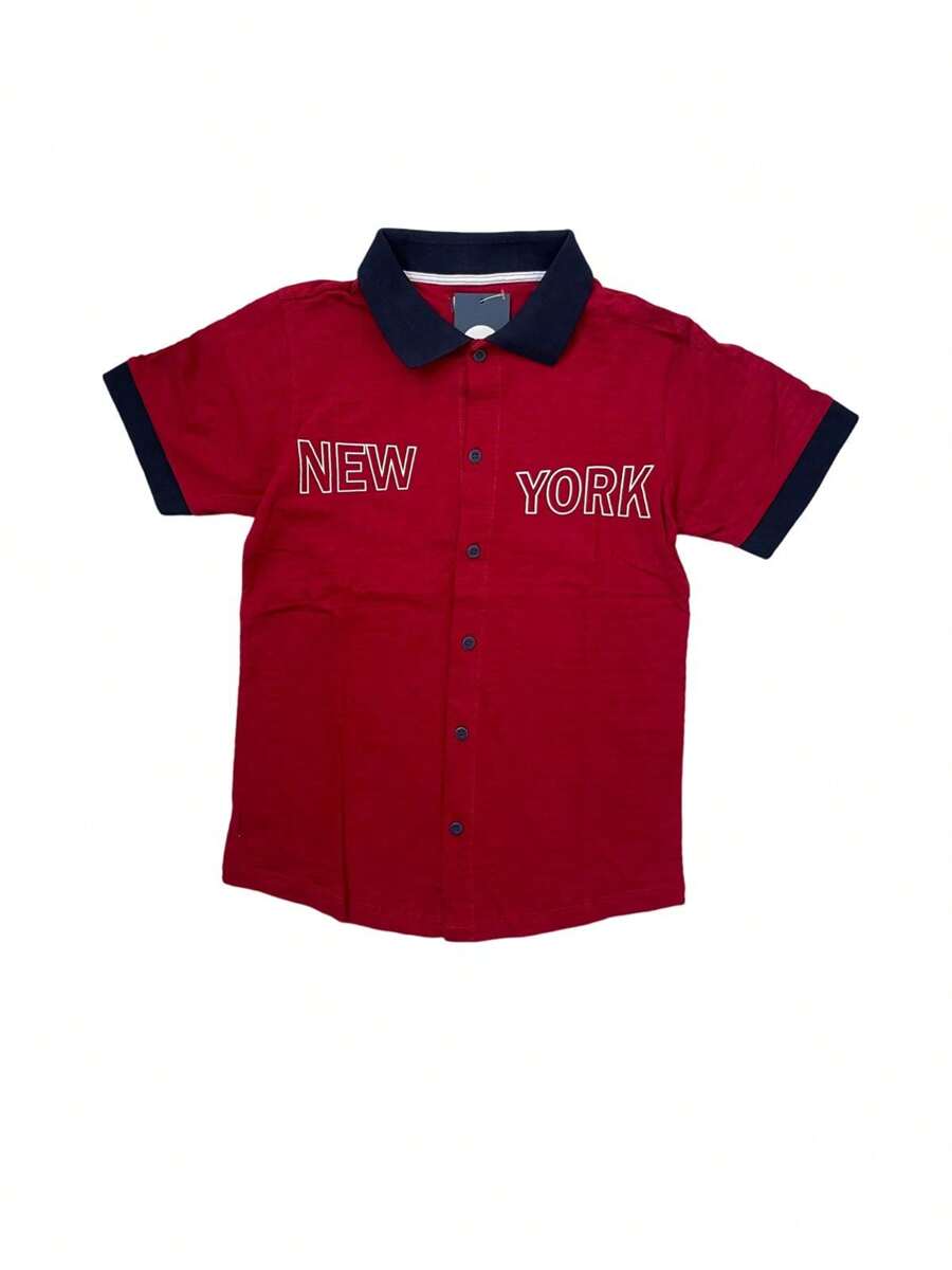 Kids Basic Plain Button Down Shirt Boy Youth Male Cotton - 紅色 - 查看 1