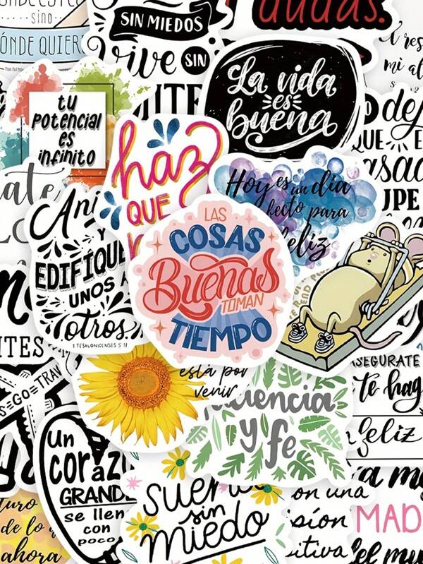 50 piezas de pegatinas inspiracionales en español e inglés, estilo graffiti simple, para decorar estuches de teléfono, portátiles, equipaje, útiles escolares, vuelta al colegio