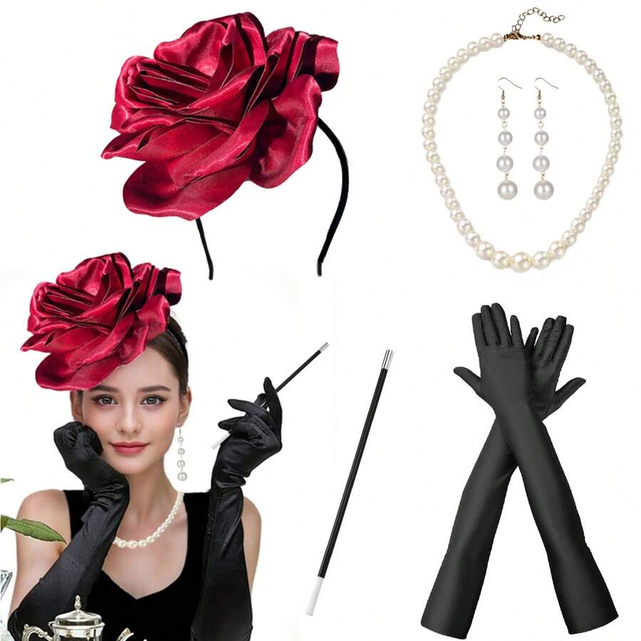 7pcs 1920s Women Pearl Jewelry Set Headband Gloves Necklace Bracelet Cigarette Holder, Elegant Vintage Accessories For Wedding Party, Prom, Flapper Dance, Bachelorette Party - A - View 1