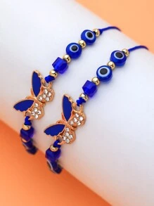 LORRILIA 12 件套蓝宝石蓝色邪眼恶魔之眼珐琅蝴蝶手工编织手链 BFF 对饰护身符手链家庭共享套装 - 彩色 - 查看 2