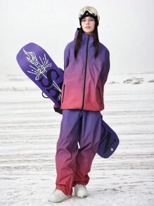 Gradient Ski Suit Set Unisex Oversized 2-Piece, Includes Professional Ski Jacket + Ski Pants, Suitable For Snowboard Resort Outings; Bonded Zipper Placket With Anti-Loss Pockets, Reinforced Structure Windproof And Snowproof, Breathable; High-Value Gradient Colorway Functional Snow Gear, Winter Skiing Sports Universal Couple Skiing Equipment, Suitable For Beginners And Experienced Skiers, Cold-Resistant Outdoor Snow Apparel - Red Violet - View 4