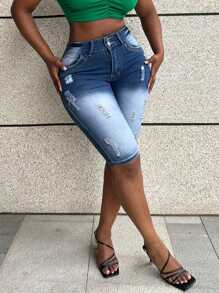 Women Ripped Double-Button Denim Shorts, Stretchy, Slim-Fit, Sexy Style, Casual Summer Denim Bermuda Shorts - Dark Wash - View 4