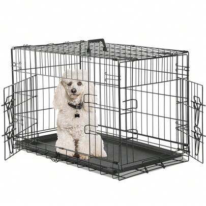 1pc Dog Cage With Divider Panel, 24-Inch To 48-Inch Double Door Foldable Metal Wire Dog Crate With Plastic Leak-Proof Bottom Tray, For Indoor/Outdoor/Travel Use
