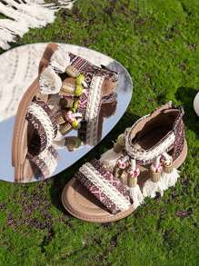 1 双夏季新款女童凉鞋，时尚公主风印花流苏软底学生罗马凉鞋，幼儿/小童/大童