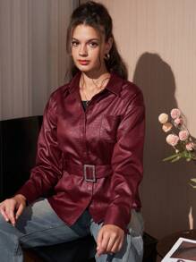 Camicia elegante e semplice da donna in rosso angora con cintura, spalle scoperte, maniche lunghe, stile business e pendolare, collo alla coreana