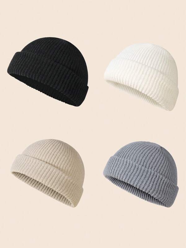 Set de 4 gorros de hombre de unicolor, estilo de punto para uso diario en otoño/invierno
