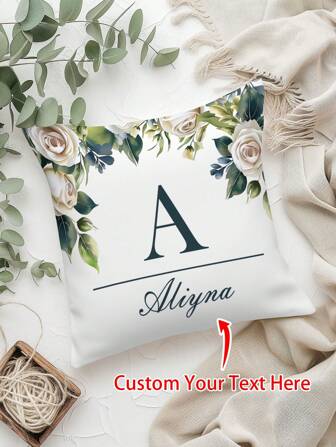 1 pieza Funda de cojín decorativo personalizada con estampado floral, hojas y letra del nombre, con impresión por ambos lados, funda de cojín personalizada como regalo de boda, aniversario, cumpleaños, mejor amigo, mamá y papá