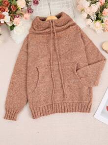 Plus Size Casual Loose High Collar Drawstring Knit Pullover, For Winter