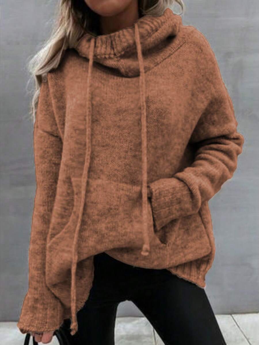 Plus Size Casual Loose High Collar Drawstring Knit Pullover, For Winter