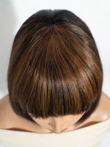 Short Remy Human Hair Bobo Wig With Bangs, Straight Hair, Natural Black Brown Mixed Color, Suitable For Women's Daily Wear, Glueless Lace-Free, Directly Wearable, Full Machine Weft Wig - S1/30 - View 5