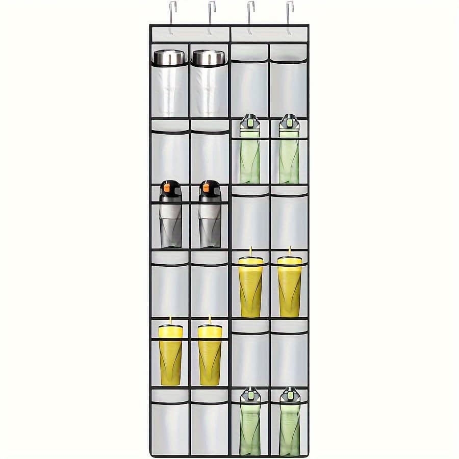 1pc, Water Bottle Organizer, Water Bottle 24 Holders Over The Door, Water Bottle Storage Rack, Cup Organizer, Various Sizes Cup Organizer, Suitable For Kitchen Cabinet Pantry Closet Bedroom Bathroom, Household Gadgets