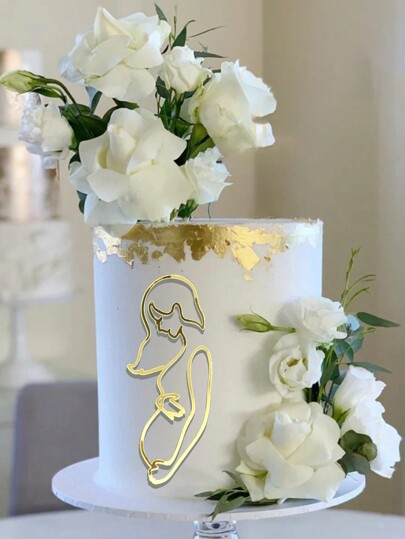 3Pcs Gold Mother-To-Be Birthday Cake Topper Beautiful Lines Pregnant Woman Mother's Day Party Acrylic Cake Toppers Dessert Decoration