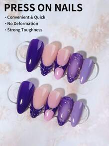 24pcs Almond Shaped 3D Gel Nail Tips, Create White French Manicure, Medium Size, Rhinestone Embedded, Perfect Fit Acrylic Nail Kit, Includes 1 Gel Polish And 1 Nail File, Suitable For Women's Daily Work, Festivals And Parties - Multicolor - View 2