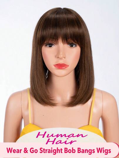 Short Human Hair Bob Wig With Bangs Straight Remy Hair Highlight Brown Color Wig For Women Daily Use Glueless Non Lace Wig Ware And Go Full Machine Made Wig