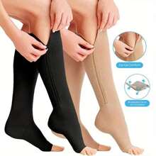 1 Pair Compression Zip Socks Zip-Up Solid Color High Elasticity Knee High Stretchy Support Stockings With Open Toe Health Care - Multicolor - View 1