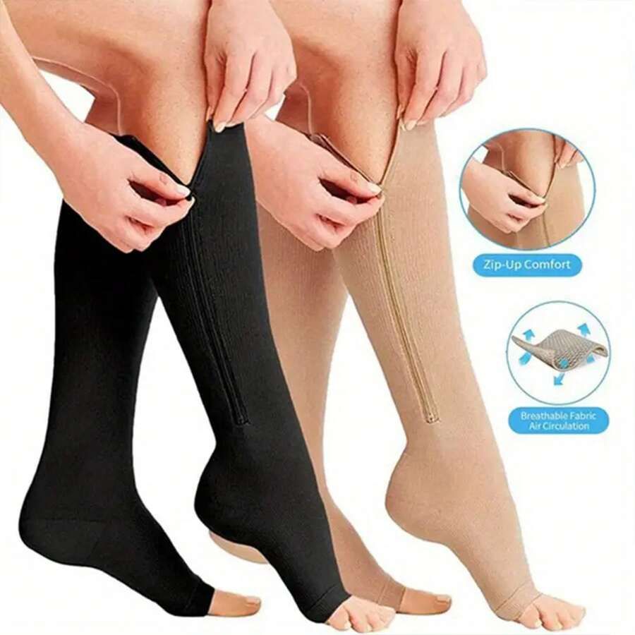 1 Pair Compression Zip Socks Zip-Up Solid Color High Elasticity Knee High Stretchy Support Stockings With Open Toe Health Care - Multicolor - View 1