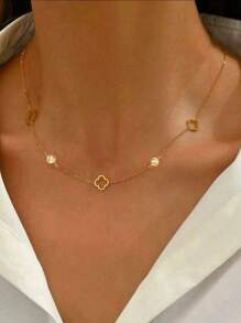 1pc Fashionable Stainless Steel Lucky Four-Leaf Clover Pendant Necklace, Inlaid With Cubic Zirconia, Suitable For Women's Daily Wear, Sexy Collarbone Chain Accessory - Four-leaf Clover Necklace - View 1