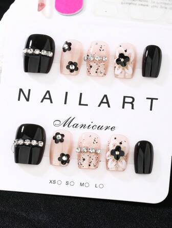 Beauty , Fragrancestyle, French Tip Nails,10 Pieces Set,Black And White, Short Ladder Type,Press On Nails,Christmas Nails Short,Wearable Nail Art Nail Supplies Nails