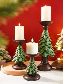 1pc Christmas Desktop Or Window Display Faux Resin Christmas Tree Statue Decor, Resin Material Home Decor Accessory For Christmas Tree Ornament, Christmas Tree Shaped Candle Holder, Small Round Candle Decor For Theme Party, Restaurant And Christmas Celebration,Christmas