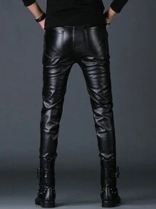 Men's Faux Leather Front Lace Up Pants Party Performence Club Long Trousers  Gothic Pants - 黑色 - 查看 3