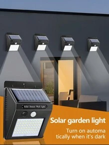 1/4 piezas Lámpara de pared solar de 60 LED, luz de acampada portátil impermeable de ABS a 6000K, con sensor de movimiento y 3 funciones inteligentes, compatible con batería de ión de litio 18650 para exteriores, jardín, garaje, camino, patio