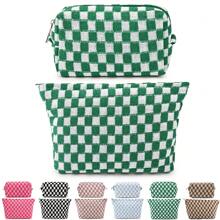 2 pezzi Borsa porta trucchi grande in tela a quadri, borsa da toilette per viaggio con grande capacità, accessori estetici per organizzare pennelli trucco, borsa per lo stoccaggio per donne, mix a quadri verde