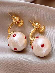 1 Pair Women French Style Red Polka Dot Faux Pearl Stud Earrings, Fashionable For Daily Commute, Going Out, Social Occasions And Photography