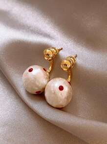 1 Pair Women French Style Red Polka Dot Faux Pearl Stud Earrings, Fashionable For Daily Commute, Going Out, Social Occasions And Photography