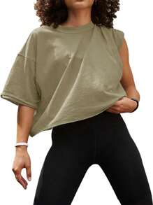 OUTBALL Women's Comfy Basic Workout Gym Short Sleeve Crop Tops Loose Casual Oversized T-Shirts - 卡其綠 - 查看 1
