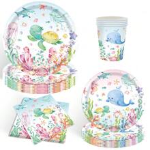 10 件海底派对用品适用于海洋主题生日派对海底世界生物装饰海洋动物盘子杯餐巾餐具套装可供 10 位客人使用水下海洋生物派对礼品，圣诞派对圣诞装饰圣诞装饰品圣诞礼物和装饰品促销 - 彩色 - 查看 5