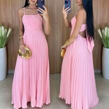 Women's Long Pleated Dress With Tie - Màu Hồng baby - Xem 2