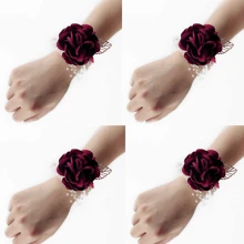 4 Stücke/Packung Braut & Brautjungfer Simulierte Handgelenk Corsage Elastische Perlen Armband Blume