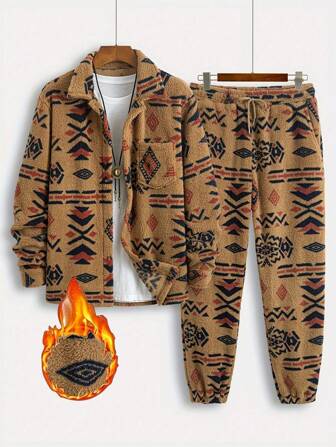 2 件套男士复古图案毛绒开衫夹克和毛绒休闲裤套装，秋冬季保暖休闲套装新品