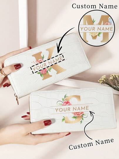 1 pieza Billetera personalizada con firma, billetera con diseño de firma personalizada, billetera con firma personalizada, billetera personalizada con firma, billetera multiusos con monedero, estampado de letras del alfabeto A a Z, billetera larga multiusos con cremallera para monedas, tarjetero con gráfico de letras para organizar múltiples tarjetas de crédito, útil para artículos escolares en la habitación de la universidad