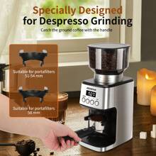 1 professionele elektrische koffiemolen, 180 W, 52 maalstanden, 2 standen, antistatische functie, digitaal lcd-scherm, espresso-portafilterhouder, grote capaciteit, roestvrij staal, zilver - ideaal voor dagelijks gebruik in koffiehuizen of thuis
