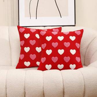 2pcs Heart Embroidered Decorative Pillow Covers Set (Without Pillow Insert), White/Red Background, High-Quality Full Embroidery Craftsmanship