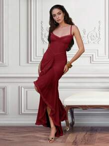 Women Floral Lace Overlay Ruffle Asymmetrical Hem Slip Dress, Party Dress, Wedding Guest Dress, Formal Dress, Evening Dress,Gown - Burgundy - View 2