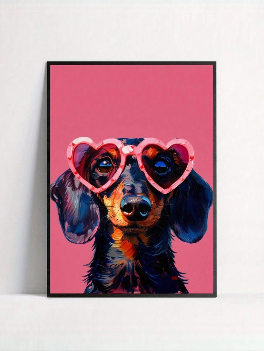 1pc Dachshund Canvas Art Painting, Modern Decorative Art Style Dog Wall Art, Frameless Animal Theme Ink Painting, Retro Pink Wall Decor, Suitable For Bedroom, Living Room, Home Office - Vertical Poster, Birthday Graduation Gift - Multicolor - View 1