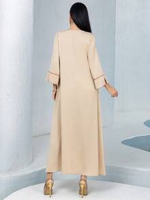 Khaki Textured Comfortable Casual Dress With Hand-Sewn Rhinestone Pearl Decor, Suitable For Daily Occasions And Gatherings,Modest - Khaki - View 5