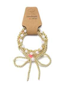6pcs Women's Faux Pearl Bowknot, Resin Heart & Round Beaded Bracelet Set, Elegant For Party Wear