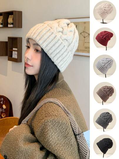 1pc Solid Color Casual Elegant Polyester Knit Beanie, Autumn/Winter