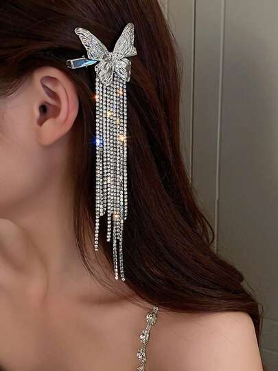 1 件奢华蝴蝶流苏发夹侧饰，水钻长假耳夹，小众设计发饰适合派对和日常，易于装饰发型