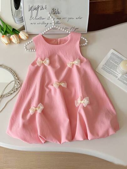 Humor Bear Young Girl Casual Bowknot Decor Sleeveless Princess Bubble Lantern Design Tank Dress, Summer