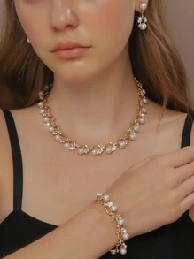 4 件女士优雅时尚首饰套装 - 项链、耳环、手链、合金人造珍珠和水钻镶嵌、项链、手链、耳环、新娘礼服配饰、节日礼物 - 項鍊耳環手鍊套裝 - 查看 1