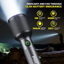 PHILIPS 1 st. Sterke zaklamp, ultralange afstand aluminiumlegering zaklamp met 4 verlichtingsmodi, multifunctionele werklamp voor buiten, noodverlichting voor kamperen in de wildernis, patrouilleredding, kamperen, wandelen, vissen